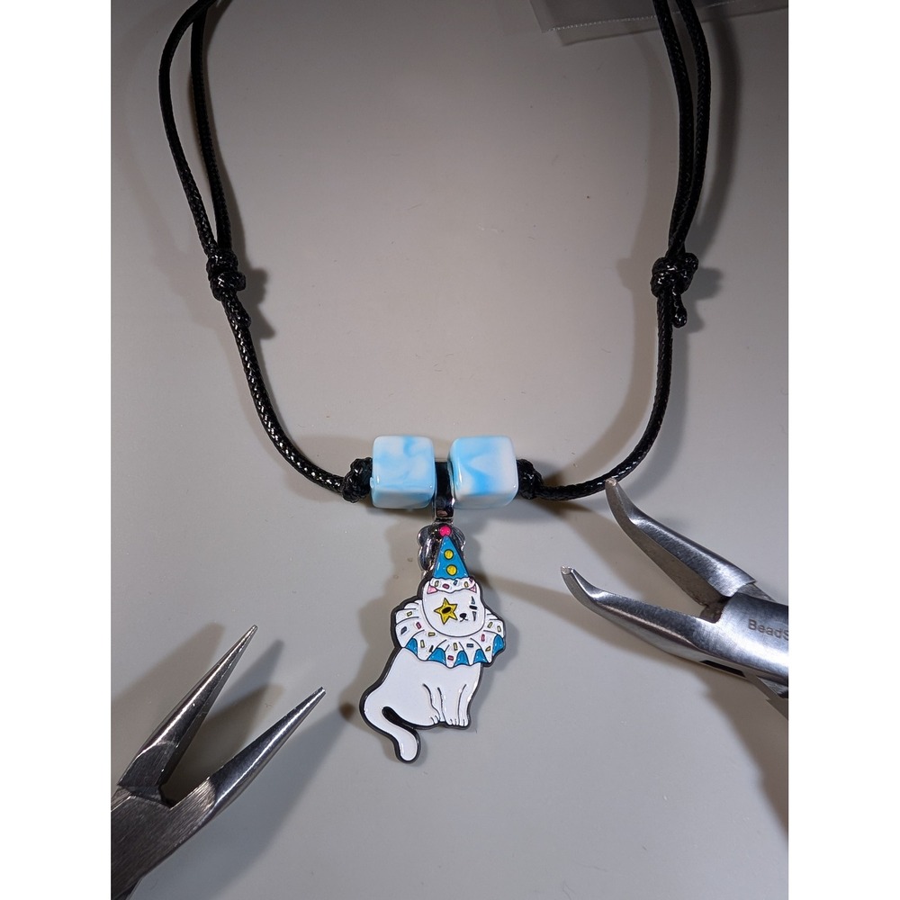 Handmade Clown Cat Enamel Pin Repurposed Adjustable Cord Necklace Blue White